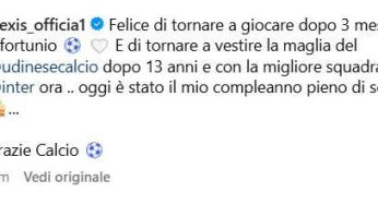 Sanchez torna in campo dopo l’infortunio: “Felice di essere di nuovo in gioco” e elogia l’Inter come la migliore squadra d’Italia